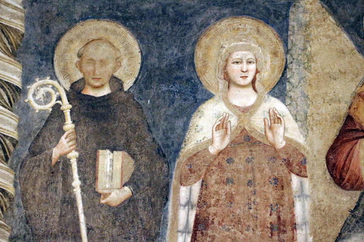Pomposa, abbazia, refettorio, affreschi giotteschi riminesi del 1316-20, deesis 02 s. benedetto e maria - Sailko