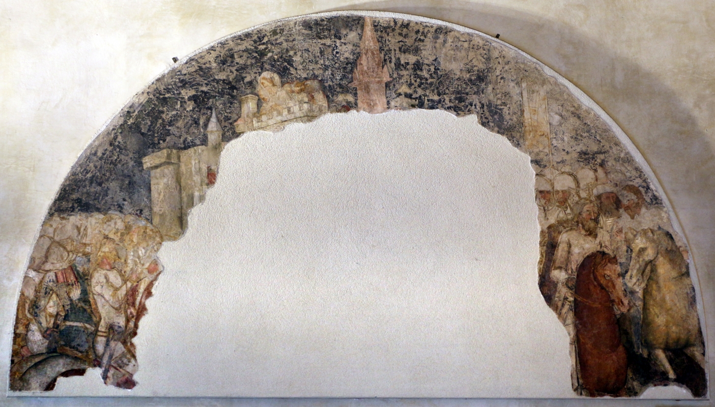 Artista bolognese o veneto, guerrieri a cavallo e uomoni inginocchiati, 1350-1400 ca., da sacello del campanile di s. stefano, ferrara 01 - Sailko