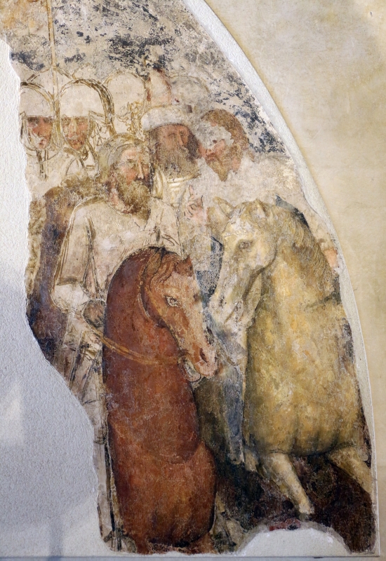 Artista bolognese o veneto, guerrieri a cavallo e uomoni inginocchiati, 1350-1400 ca., da sacello del campanile di s. stefano, ferrara 03 - Sailko