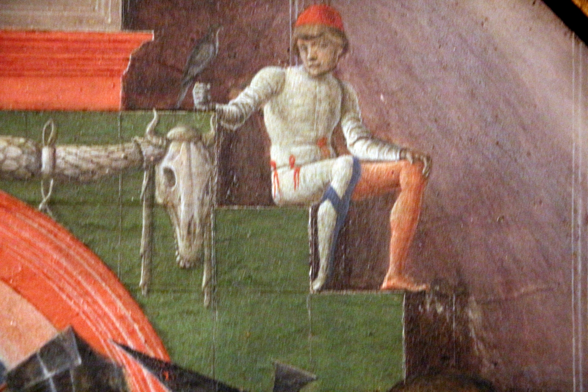 Cosmè tura, giudizio di san maurelio, 1480, da s. giorgio a ferrara, 05 paggio con falcone vicino bucranio - Sailko