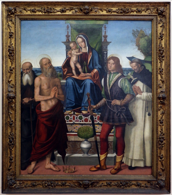 Domenico panetti, maestà tra i ss. antonio abate, giobbe, giuliano e pietro martire, 1503, da s. giobbe a ferrara 01 - Sailko