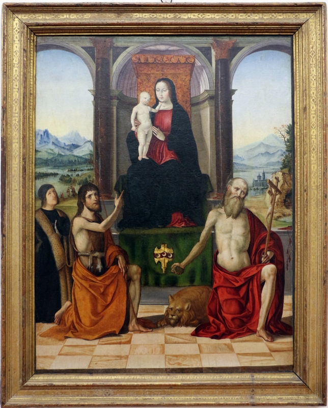 Francesco bianchi ferrari, madonna col bambino in trono, i ss. g. battista e girolamo e il committente giovanni strozzi, 1480-1500 ca. (modena) - Sailko