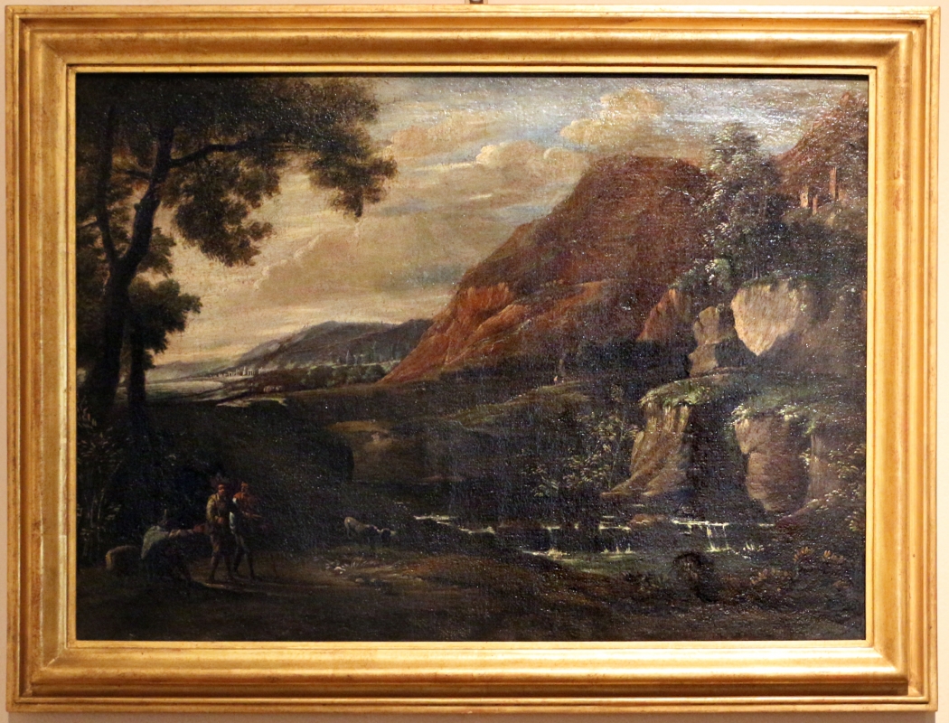 Giuseppe avanzi (attr.), paesaggio con viandanti e cascata - Sailko