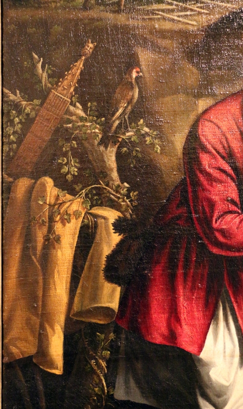 Maestro dei dodici apostoli, giacobbe e rachele al pozzo, ferrara 1500-50 ca. 03 manico di ghironda e uccello - Sailko