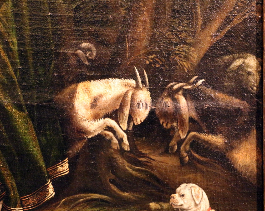 Maestro dei dodici apostoli, giacobbe e rachele al pozzo, ferrara 1500-50 ca. 08 lotta di capre - Sailko