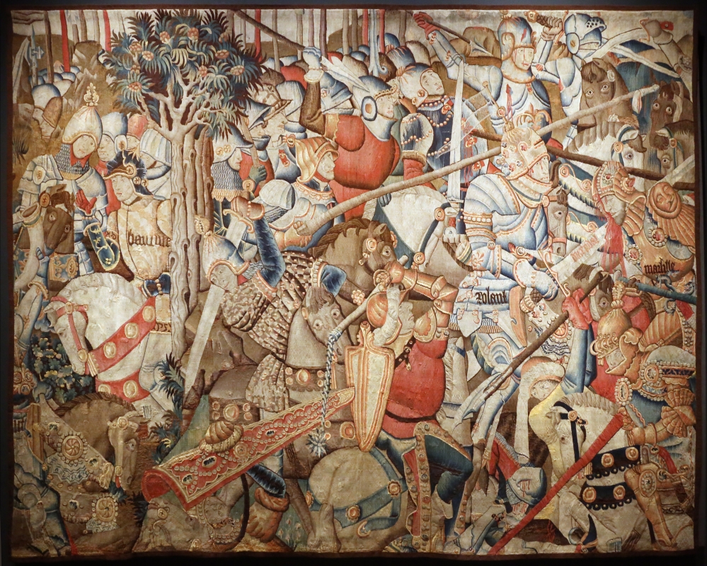 Manifattura fiamminga (prob. tournai), arazzo con la battaglia di roncisvalle, 1475-1500 ca. (v&amp;a) 01 - Sailko