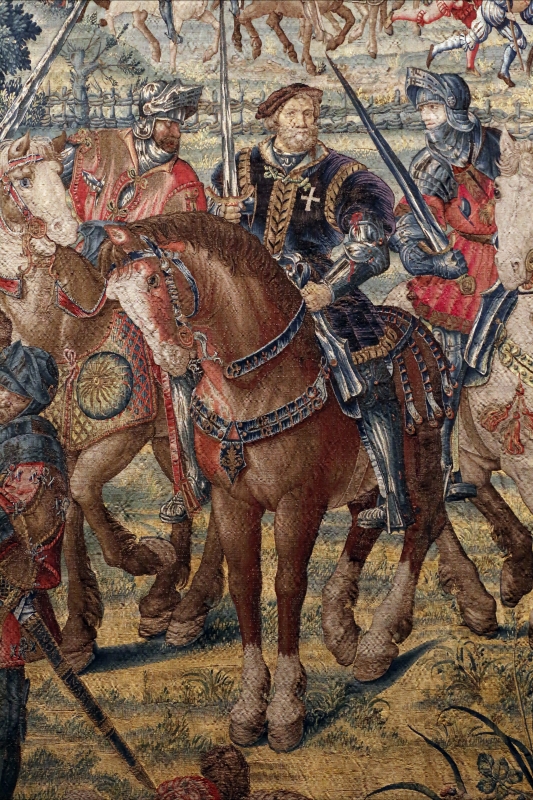 Manifattura fiamminga su dis. di bernard van orley, arazzo con battaglia di pavia e cattura del re di francia, 1528-31 (capodimonte) 05 cavalli - Sailko