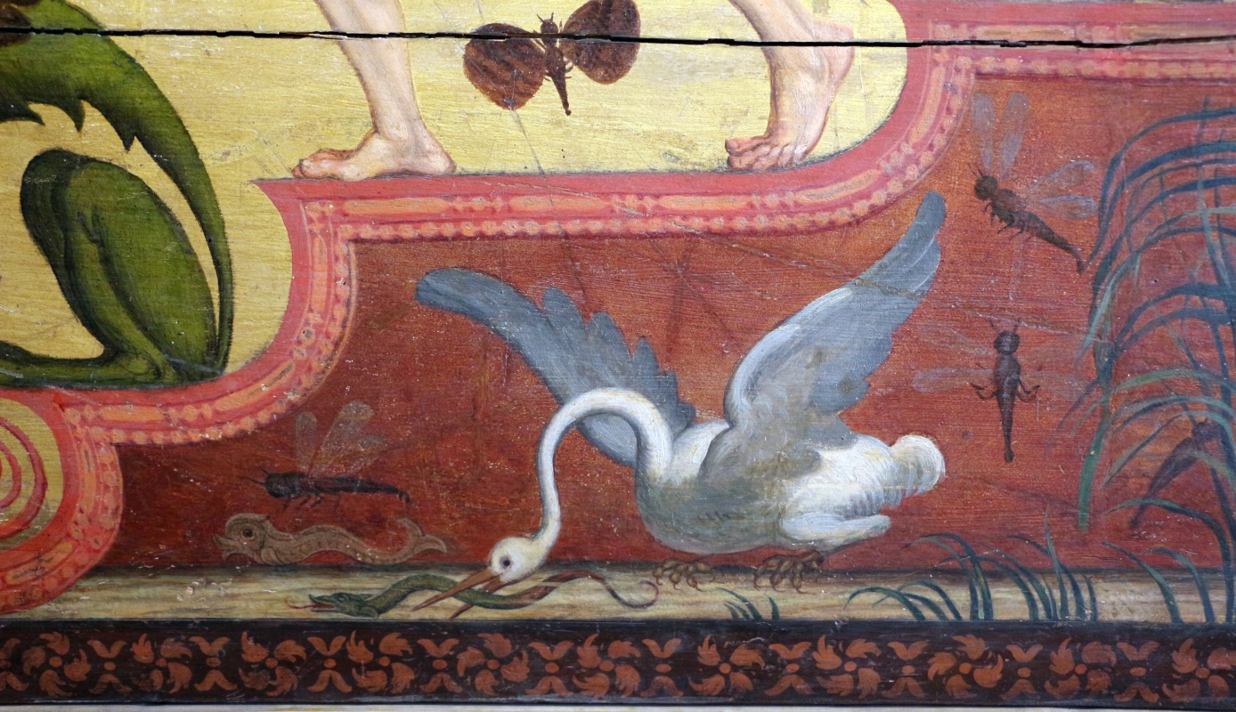 Pittore ferrarese, cassa di clavicembalo con grottesche a tema dionisiaco, 1550-1600 ca. 05 cicogna e biscia - Sailko