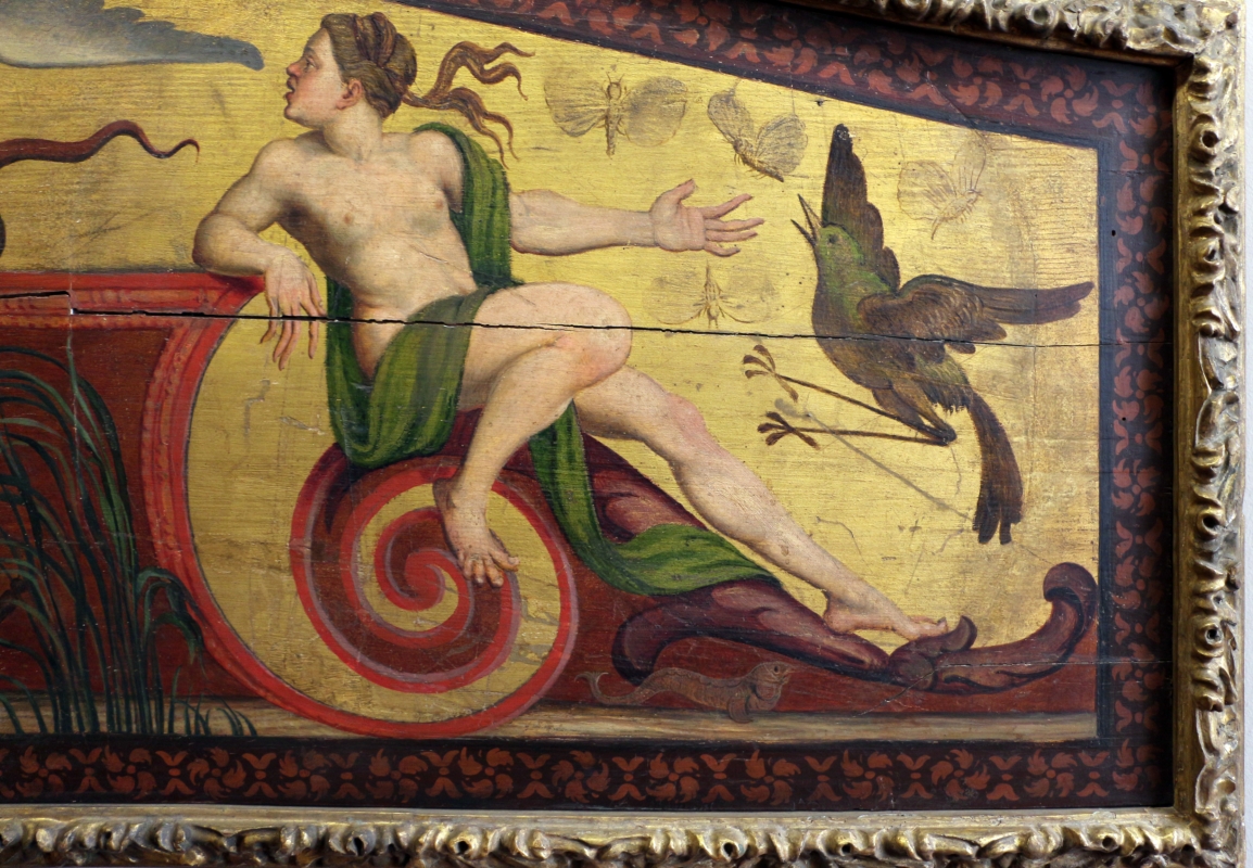 Pittore ferrarese, cassa di clavicembalo con grottesche a tema dionisiaco, 1550-1600 ca. 06 ninfa e uccello - Sailko