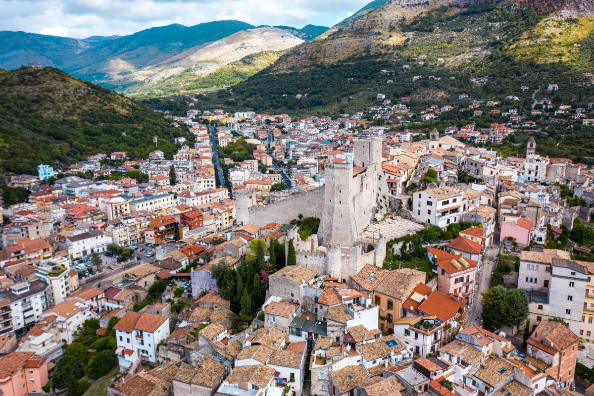 Aerial view of Itri, with the castles overlooking the town - ENIT SpA