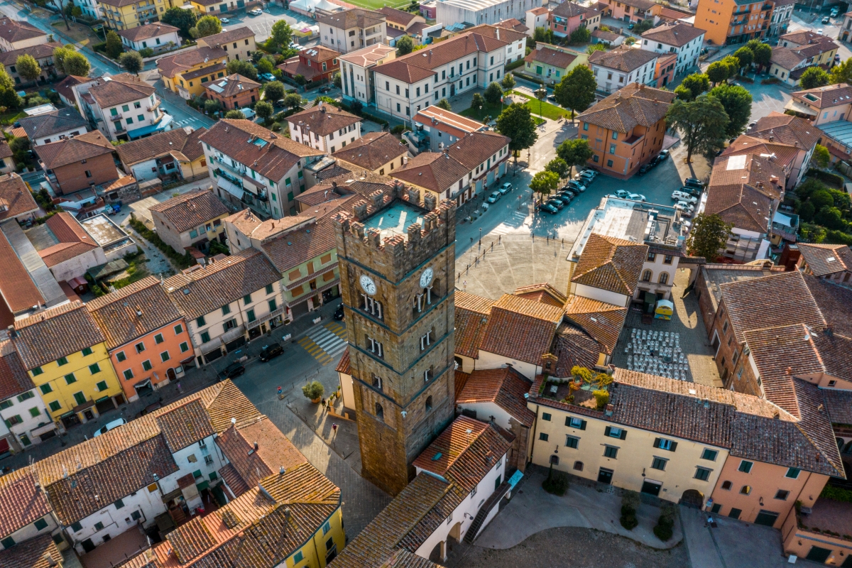 Aerial view of Altopascio with the bell tower of the Church of San Jacopo Maggiore - ENIT SpA
