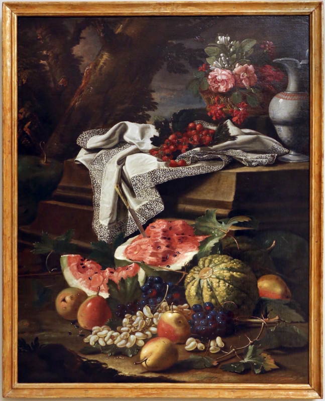 Cristoforo munari, natura morta con cesto di fiori, brocca di porcellana cinese e frutta, 1706 ca - Sailko