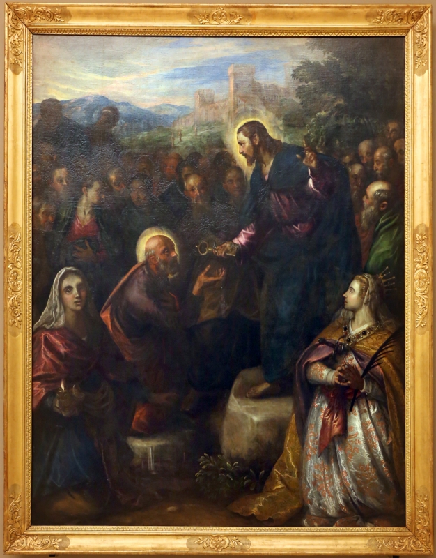 Domenico tintoretto, cristo consegna le chiavi a san pietro alla presenza degli apostoli e delle ss. giacinta e giustina, 1597-1601 - Sailko