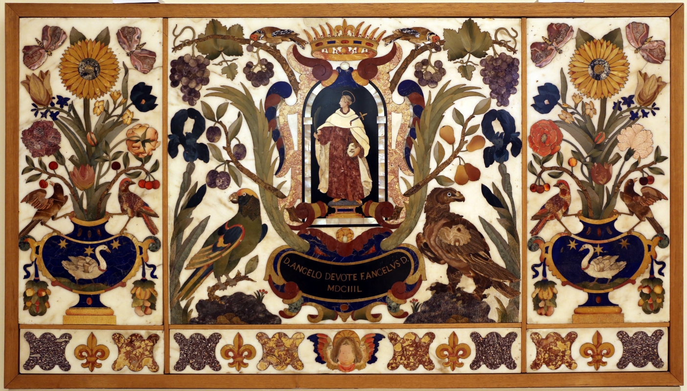 Manifattura fiorentina, paliotto con sant'angelo toma, cartiglio, fiori, frutta e animali, in commesso di pietre dure, 1647, 01 - Sailko