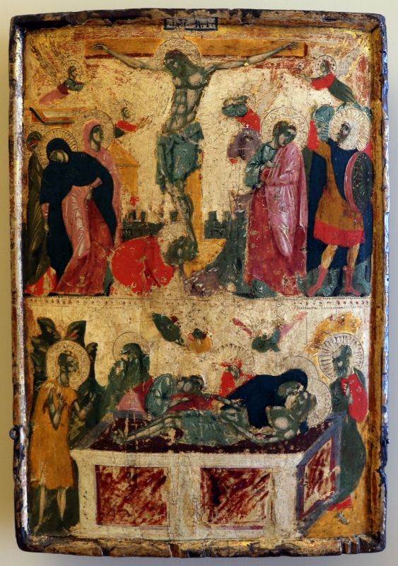 Pittore veneto-cretese, icona con crocifissione e deposizione, xiii-xiv secolo - Sailko