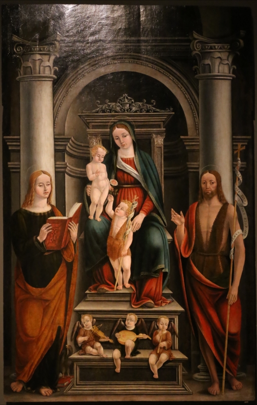 Scuola emiliana, mdonna in trono col bambino, san giovannino, il battista adulto, san giovanni evangelista e angeli musicanti, 1549 - Sailko