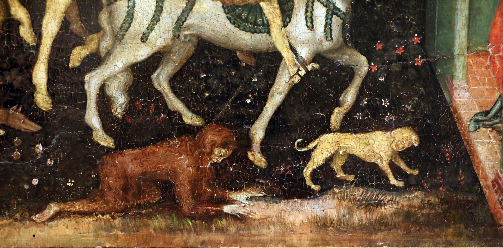 Secondo maestro di carpi, leggenda di san giovanni boccadoro (crisostomo), 1430 ca. 07 uomo selvaggio e cane - Sailko