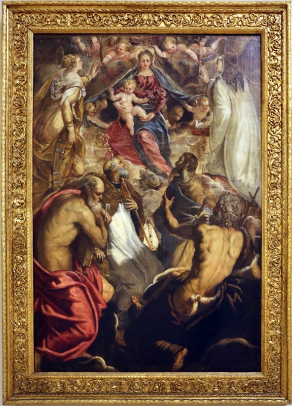 Tintoretto, madonna col bambino coi ss. caterina d'a., scolastica, pietro, agostino, battista e paolo, 1547-49 ca. 01 - Sailko