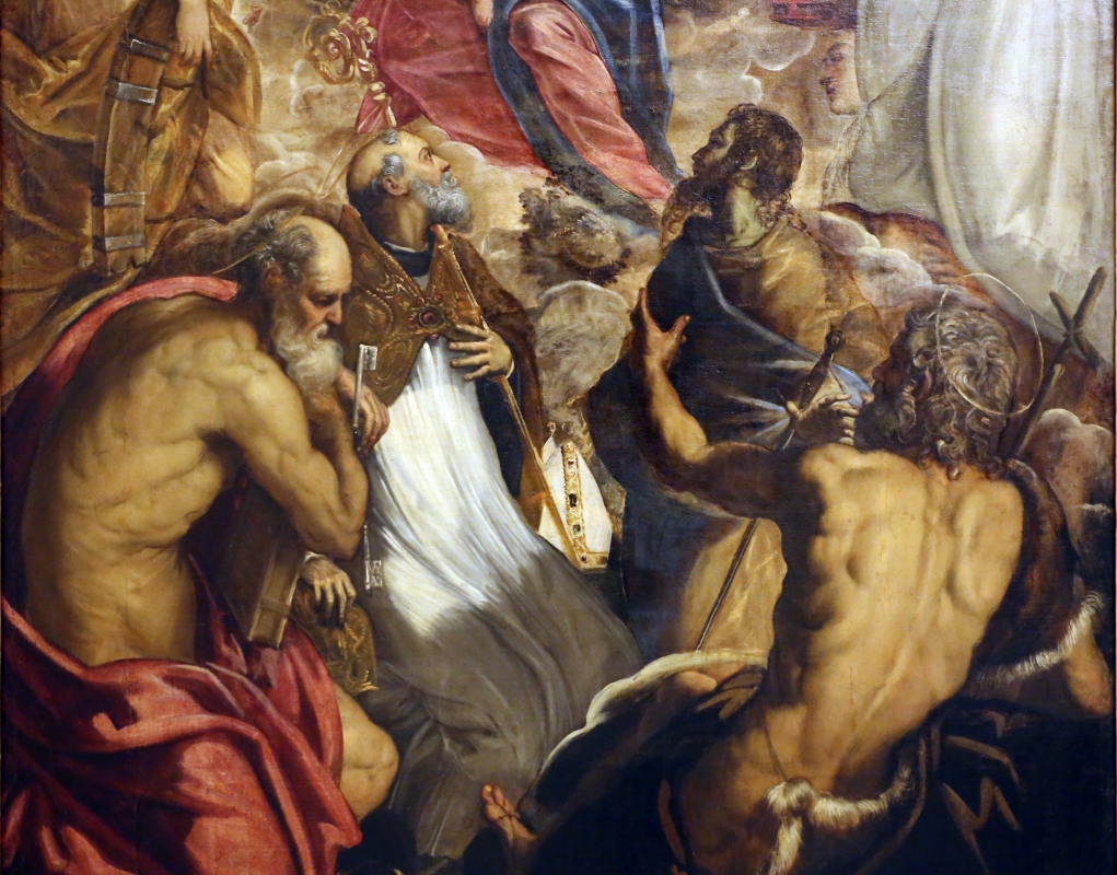 Tintoretto, madonna col bambino coi ss. caterina d'a., scolastica, pietro, agostino, battista e paolo, 1547-49 ca. 03 - Sailko