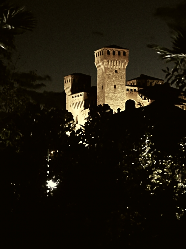 20170914225809-01 veduta notturna della Rocca tra due piccole palme - Massimo F. Dondi