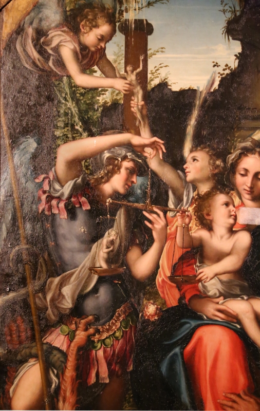 Giorgio gandini del grano, sacra famiglia con santi e angeli, 1534-35, 03 michele con la bilancia - Sailko