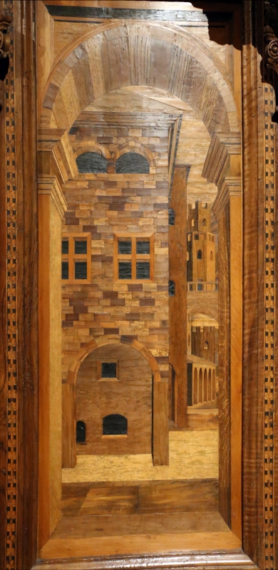 Bernardino da lendinara, due tronetti lignei con vedute di città e i ss. ilario e giovanni battista, 1494, 02 - Sailko
