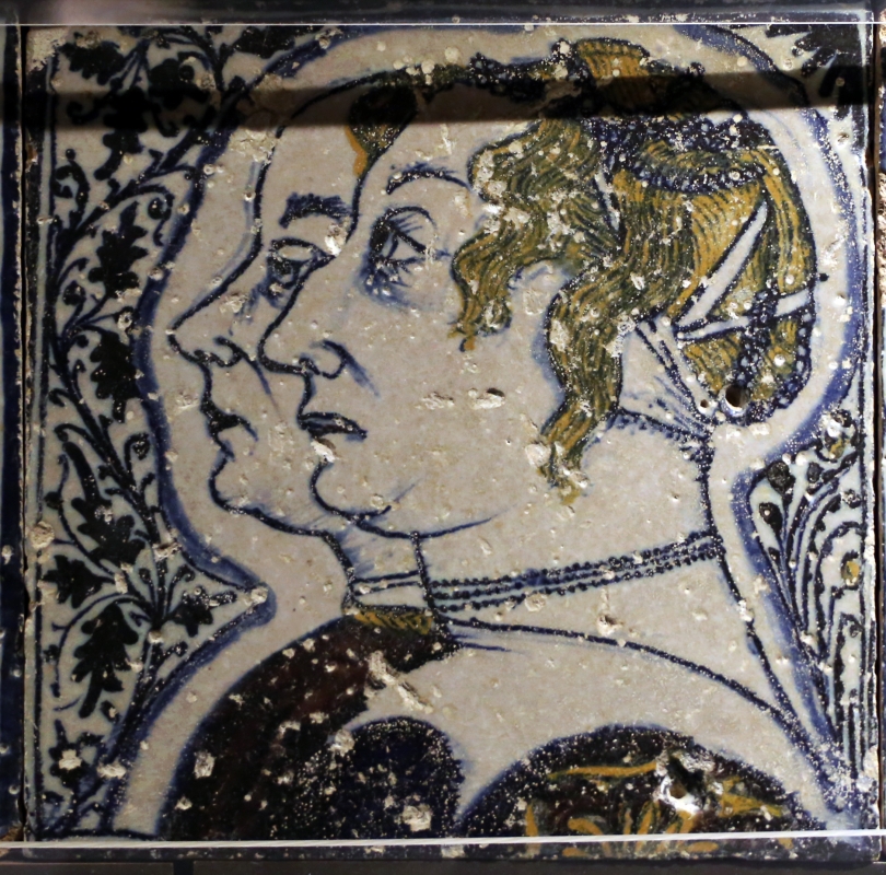 Bottega pesarese, pavimento maiolicato dal monastero di san paolo a parma, 1470-82 ca., doppio profilo femminile - Sailko