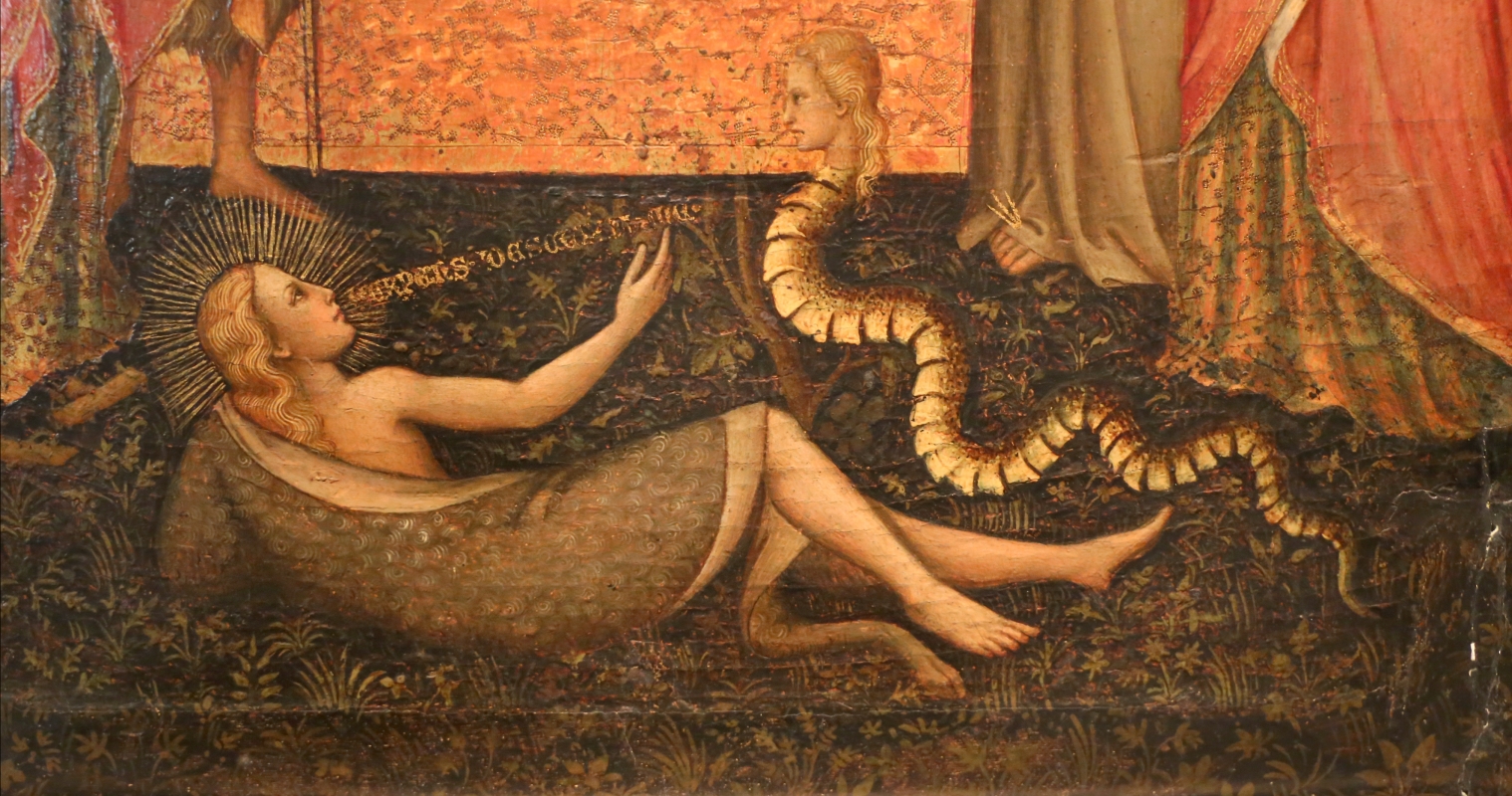 Giuliano di simone ricci, madonna col bambino in trono e quattro angeli, santi e crocifissione, 1380-1400 ca. 02 eva col serpente - Sailko