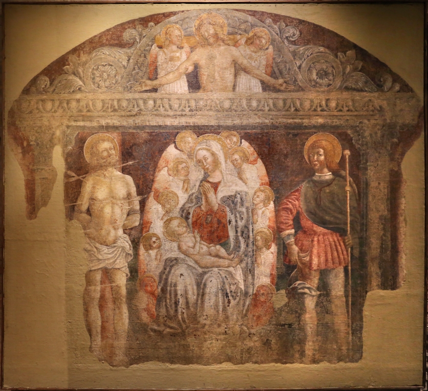 Jacopo loschi, madonna col bambino in trono e i ss. sebastiano e rocco, 1480-90 ca., dall'oratorio di san girolamo - Sailko