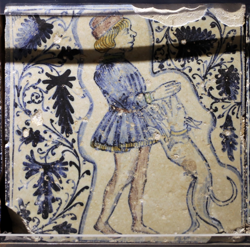 Bottega pesarese, pavimento maiolicato dal monastero di san paolo a parma, 1470-82 ca., uomo con cane - Sailko