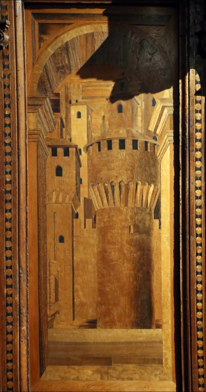 Bernardino da lendinara, due tronetti lignei con vedute di città e i ss. ilario e giovanni battista, 1494, 04 - Sailko