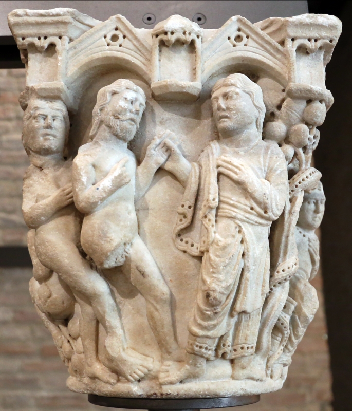 Benedetto antelami, capitello con storie della genesi 01, dal duomo di parma, 1178, dio conduce adamo ed eva nel paradiso terrestre - Sailko