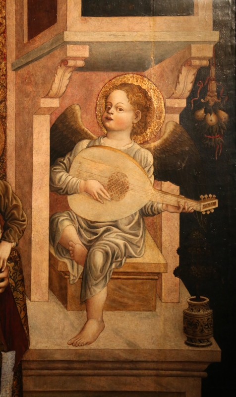 Jacopo loschi, madonna in trono col bambino, angeli e il padre e eterno, 1471, da s. agostino a parma 02 angelo musicante con liuto - Sailko