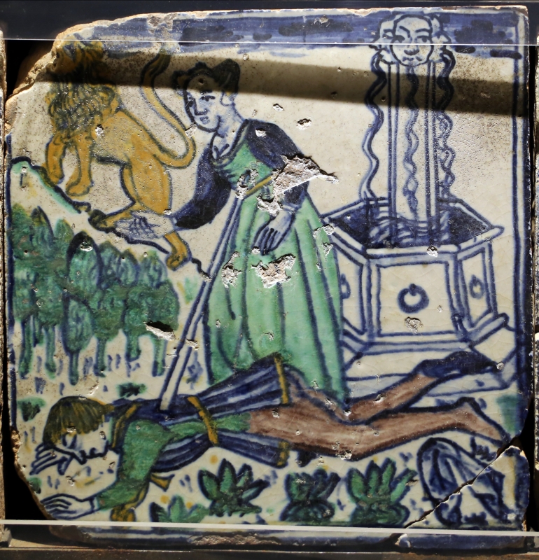 Bottega pesarese, pavimento maiolicato dal monastero di san paolo a parma, 1470-82 ca., uomo trafitto presso un pozzo - Sailko