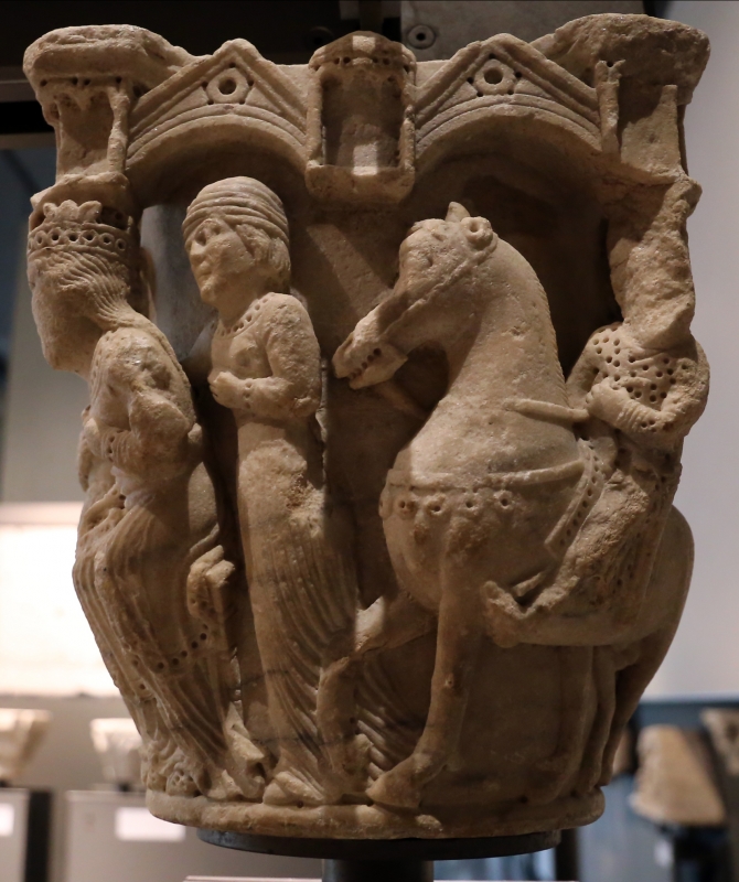 Benedetto antelami, capitello con storie bibliche, dal duomo di parma, 1178, assalonne a cavallo e la regina di saba - Sailko