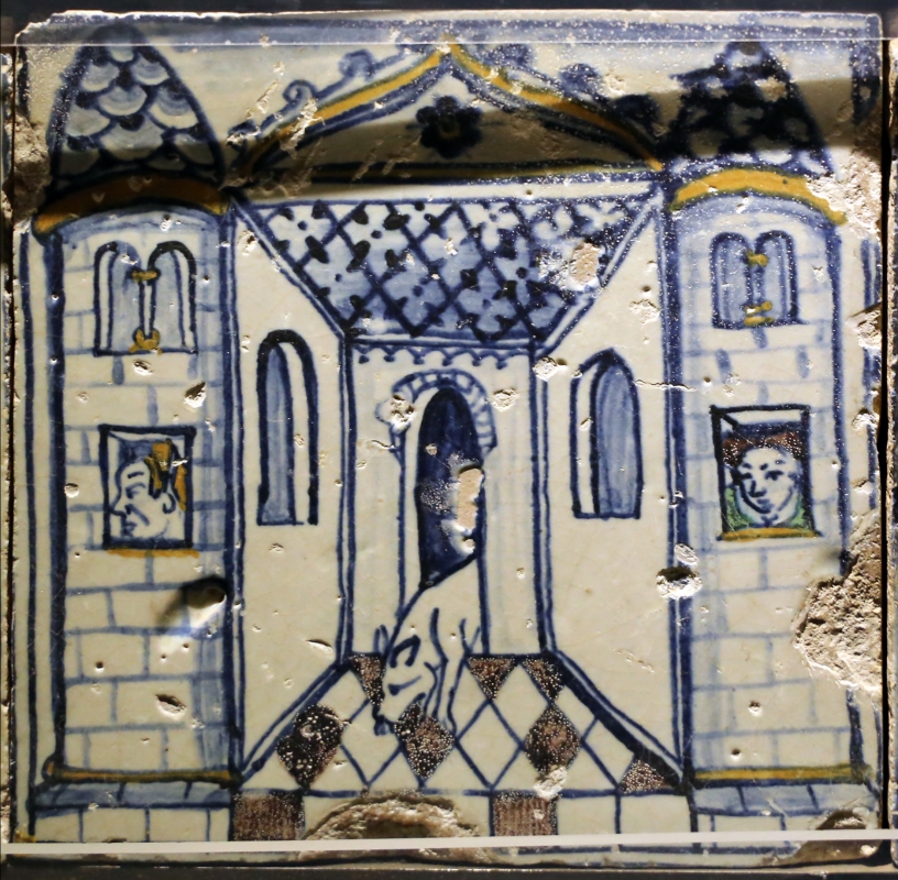 Bottega pesarese, pavimento maiolicato dal monastero di san paolo a parma, 1470-82 ca., veduta di cortile con cane - Sailko