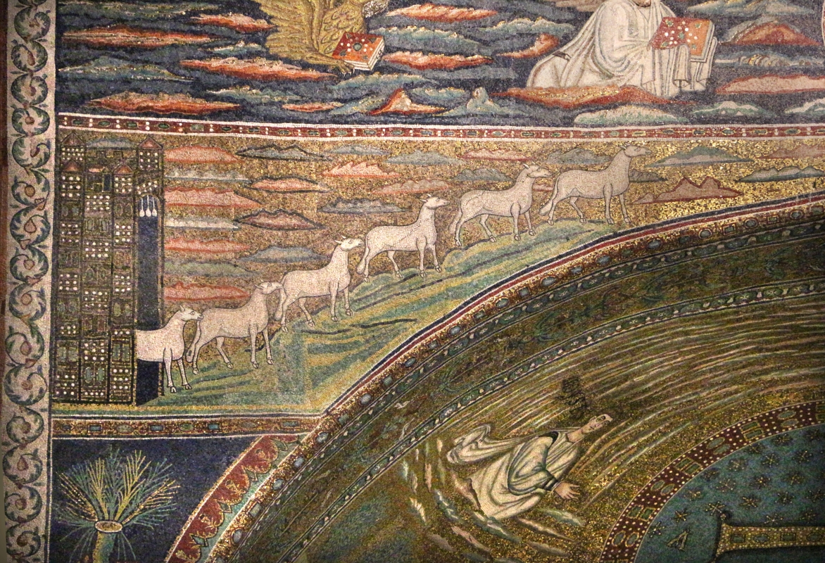 Sant'apollinare in classe, mosaici dell'arcone, 12 agnelli che escono da gerusalemme e betlemme (VII sec.) 10 - Sailko