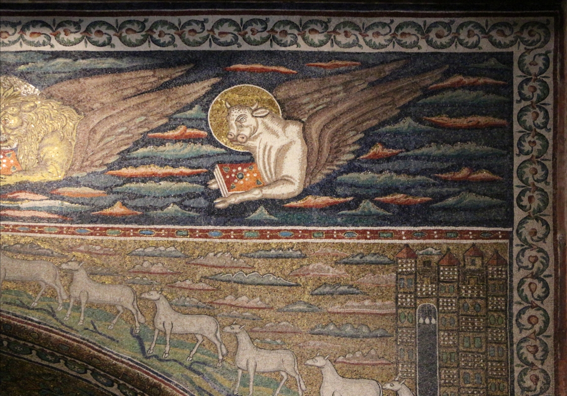 Sant'apollinare in classe, mosaici dell'arcone, cristo benedicente tra i simboli degli evangelisti (IX sec.) 06 luca - Sailko