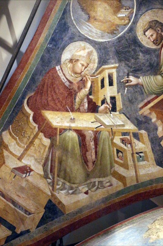 Pietro da rimini e bottega, affreschi dalla chiesa di s. chiara a ravenna, 1310-20 ca., volta con evangelisti e dottori, ambrogio - Sailko