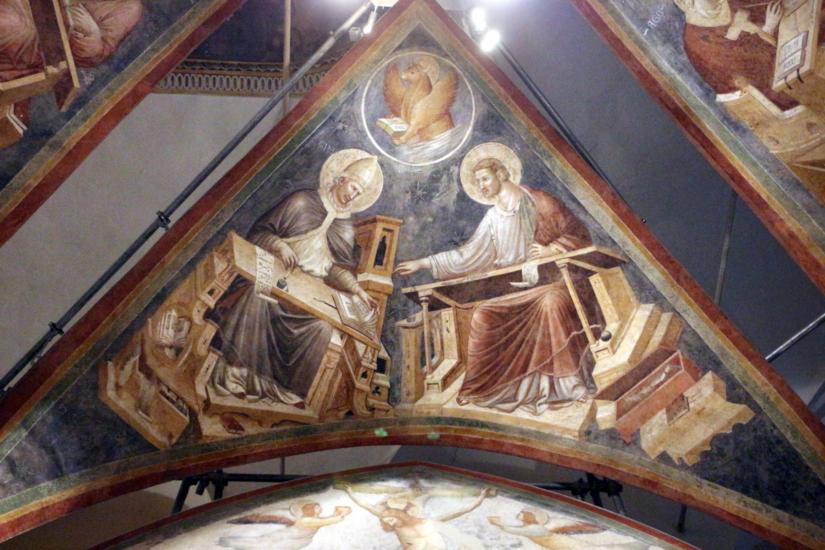 Pietro da rimini e bottega, affreschi dalla chiesa di s. chiara a ravenna, 1310-20 ca., volta con evangelisti e dottori, gregorio e luca - Sailko