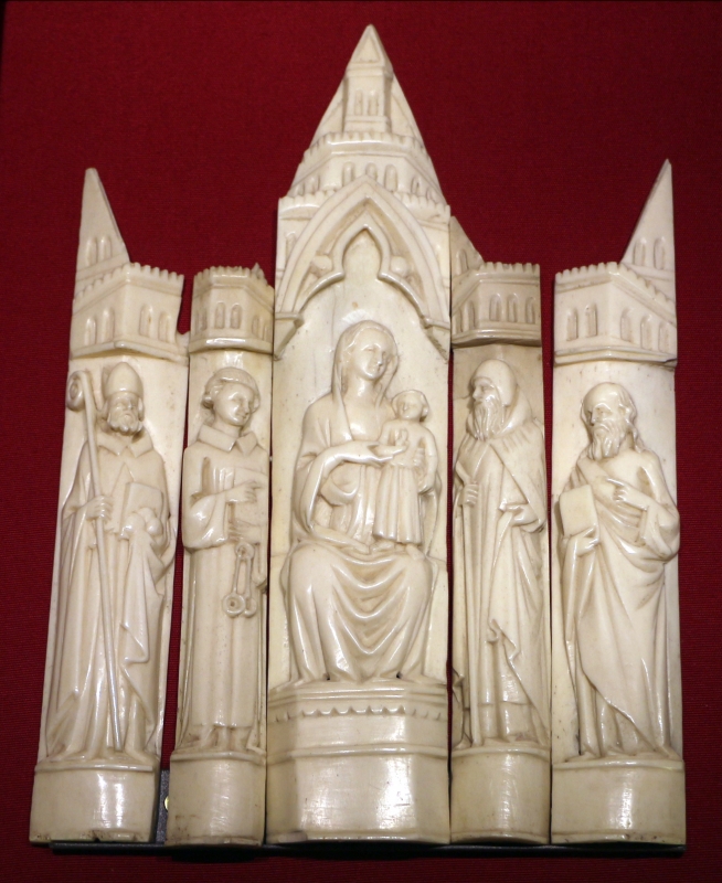 Bottega di baldassarre degli embriachi, cinque placchette con madonna e santi da un altarolo, 1390-1410 ca., osso - Sailko