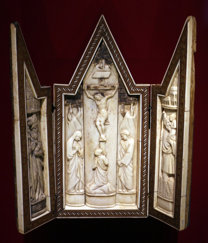 Bottega di baldassarre degli embriachi, altarolo con crocifissione e santi, osso e legno, 1390-1410 ca - Sailko