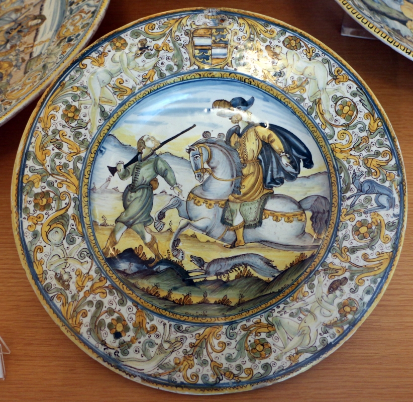 Castelli, ambito di francesco grue, piatto, 1650 ca. cavailiere a caccia con cane e servitore - Sailko