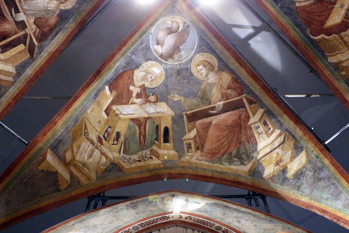 Pietro da rimini e bottega, affreschi dalla chiesa di s. chiara a ravenna, 1310-20 ca., volta con evangelisti e dottori, agostino e giovanni - Sailko