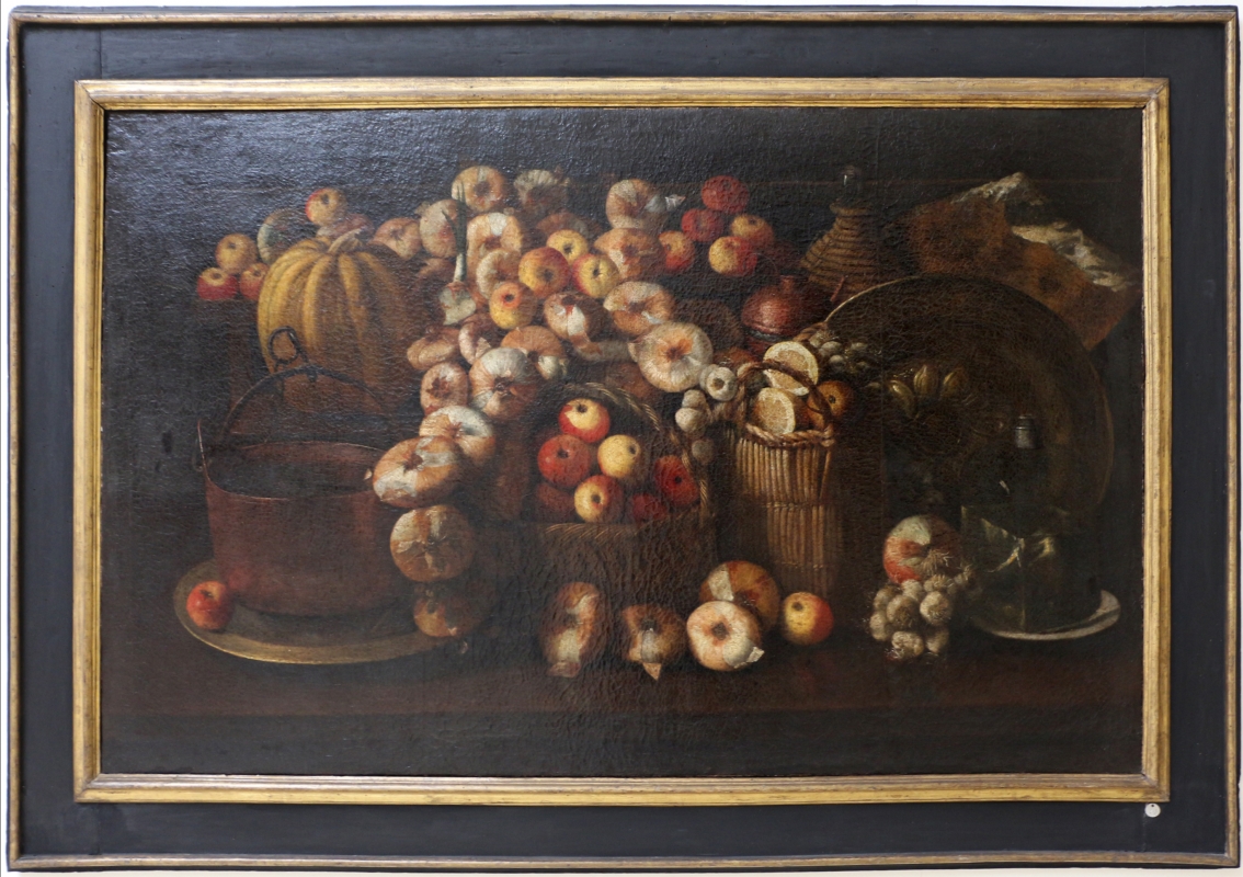 Paolo antonio barbieri (attr.), natura morta con mele, cipolle, agli, zucca e rami, xvii secolo - Sailko
