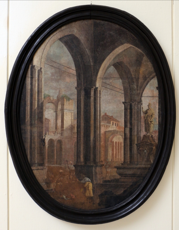Pittore emiliano, prospettiva con porticato gorico, fontana e veduta di rovine, 1750-1790 ca - Sailko