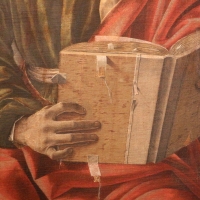 Francesco del cossa, pala dei mercanti, col committente alberto de' cattanei, 1474, 09 libro - Sailko