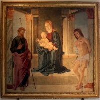 Lorenzo costa, madonna col bambino in trono tra i ss. giacomo e sebastiano, 1491, da arte dei pallacani - Sailko