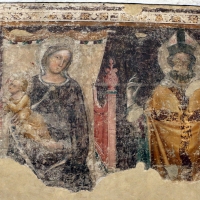 Ambito di vitale da bologna, madonna in trono col bambino e santo vescovo, 1360-65 ca., da s.m. maddalena - Sailko