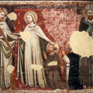 Pittore bolognese della metà del xiv secolo, Gesù Cristo, la Madonna e i ss. Francesco, Domenico e Ludovico di Tolosa, 1355-1360 circa - Mongolo1984